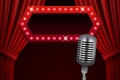 Abstract retro background with red curtains and vintage microphone